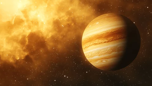 Gas giant planet with luminous nebula in golden space field.