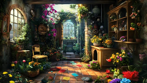 Sunlit floral conservatory interior renders immersive rustic detail