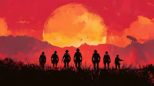 Silhouetted cowboys stand before oversized red sunset sky