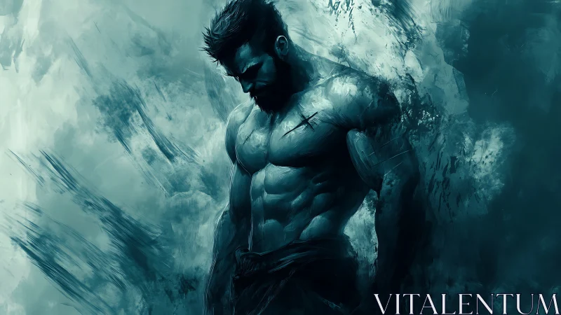 Brooding muscular man in blue abstract digital artwork.
