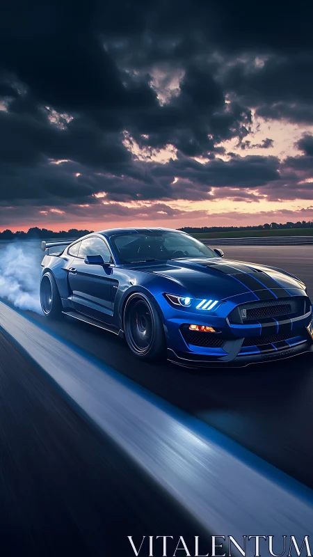 Midnight blue sports car racing into a stormy sunset sky.