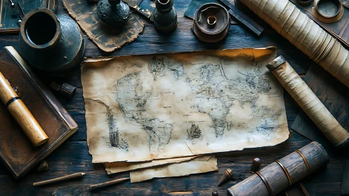 Antique world map on desk with navigation and writing tools.