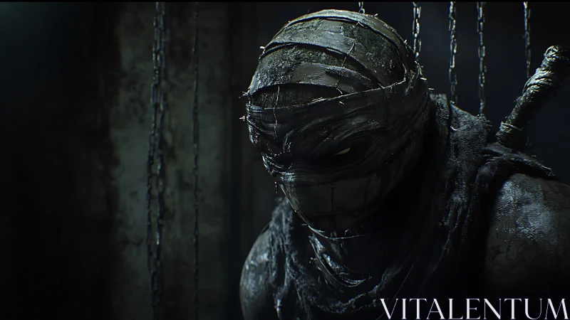 Shrouded warrior broods in chains and rusted midnight gloom.