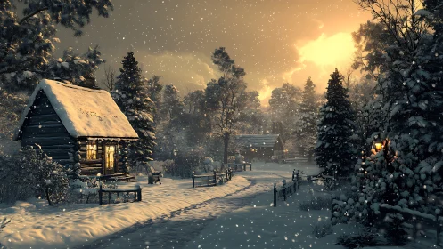 Cozy snow covered cabin glowing softly in winter dusk.