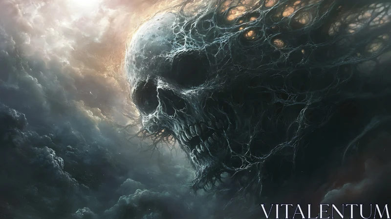 Colossal skeletal entity emerging from storm clouds.