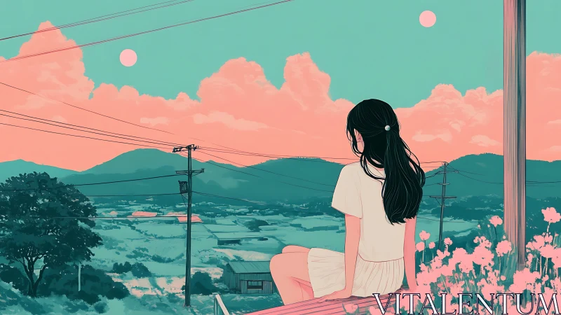 Teen girl overlooking stylized rural valley at twin pastel moons