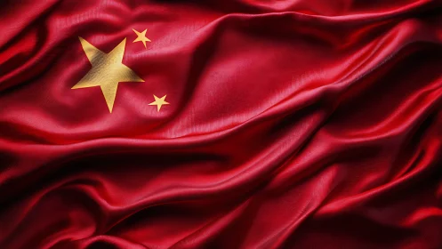 Flowing red Chinese flag with glowing golden stars.