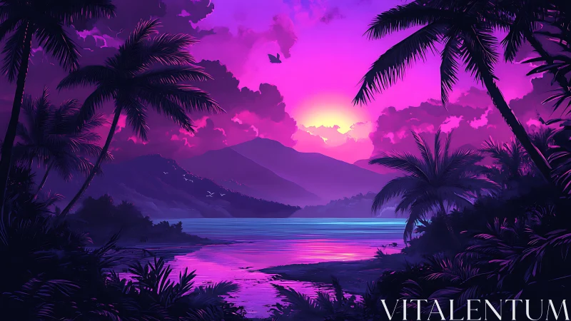 Neon twilight tropical bay in stylized digital landscape painting.