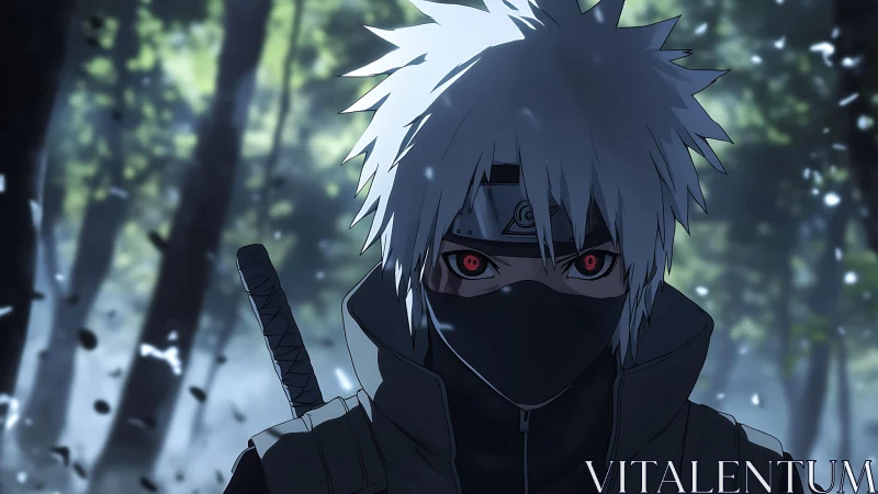 Masked anime ninja with red eyes in a dark forest scene.