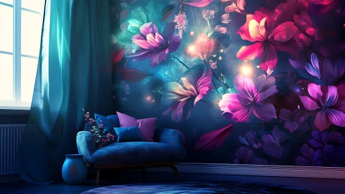 Moody lounge with luminous floral wall mural artwork.