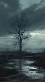 Solitary tree in dark marsh under heavy storm clouds.