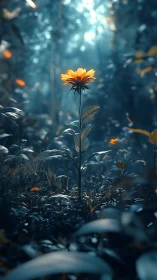 Single orange flower stands sharply against cool blue forest