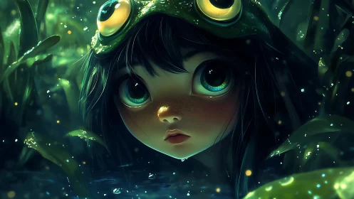 Young figure with frog hood in luminescent wetland setting