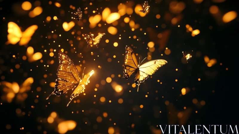 Golden butterflies glowing in a magical, dreamy night scene.