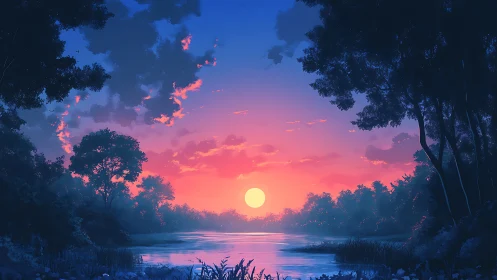 Serene forest lake reflects a glowing pastel twilight sun