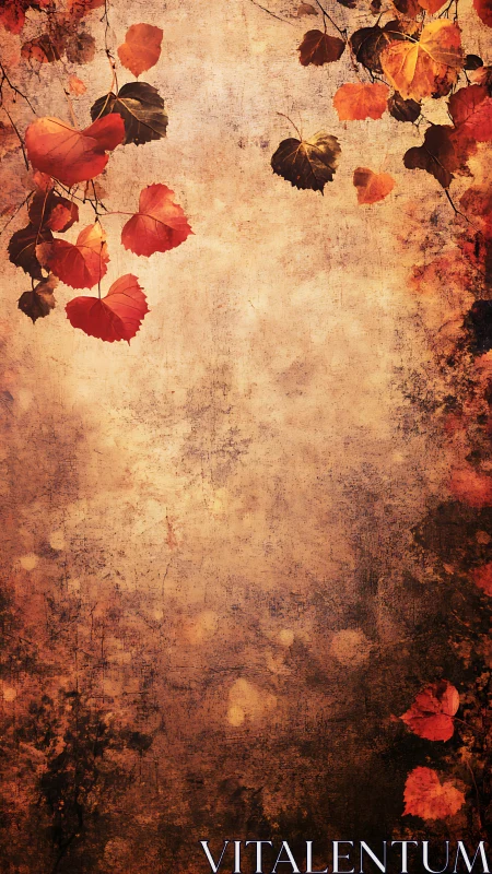 Autumn leaves frame textured ochre background in bokeh glow.