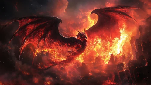 Fire phoenix with molten wings rises over collapsing inferno