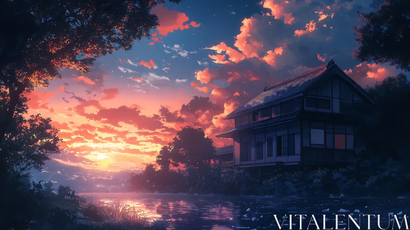 Lakeside Japanese house glows beneath a vivid sunset sky.