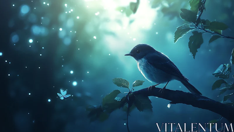Dreamy forest bird at dawn, glowing bokeh and magical light.