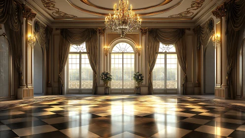 Sunlit baroque ballroom with reflective parquet and ornate chandeliers