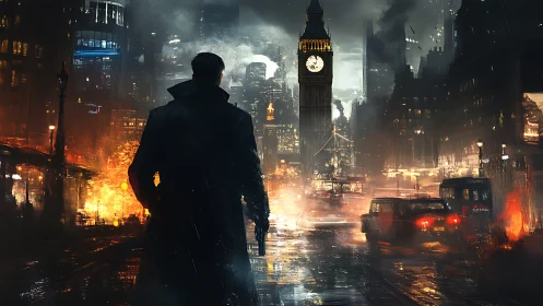 Noir operative in incendiary neo-London rainscape at dusk.