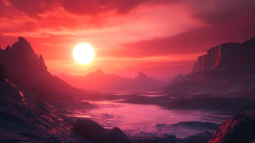 Distant sun illuminates rocky valley and reflective basin