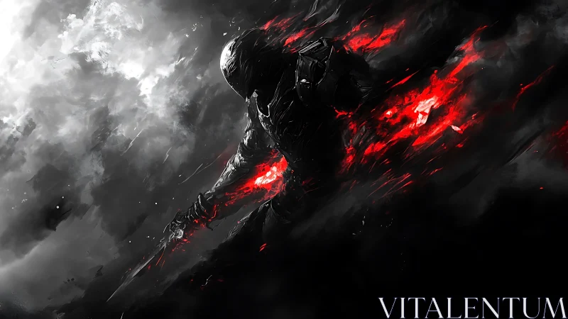 Dark armored warrior wreathed in red energy on black field.