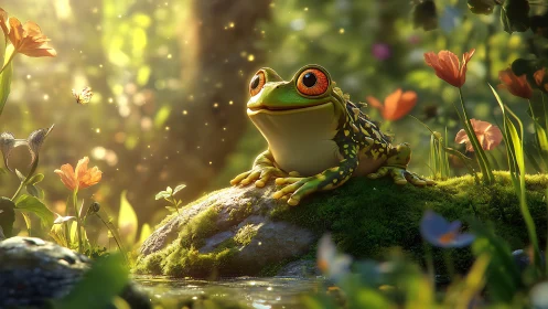 Sunlit forest frog daydreaming among glowing wildflowers.