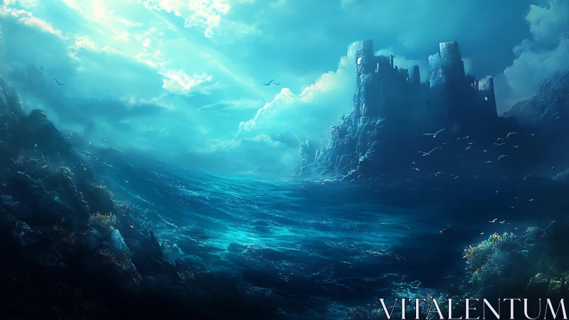 Stormlit sea curls toward a forgotten citadel of crumbling stone