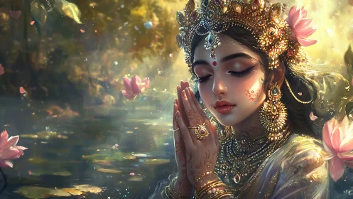 Ornate goddess portrait in lotus pond with volumetric golden light
