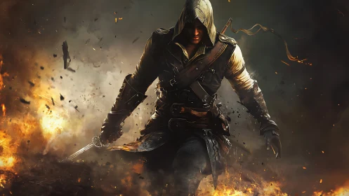 Hooded rogue advancing through blazing battlefield inferno.