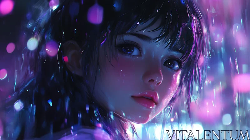 Rain-soaked anime portrait uses neon rim lighting and shallow depth