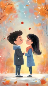 Two Children Holding Hands in Autumn Leaves