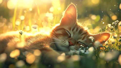 Ginger Cat Dozing Peacefully in Golden Sunlit Meadow