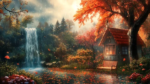 Autumn forest cabin by waterfall in gentle afternoon rain.