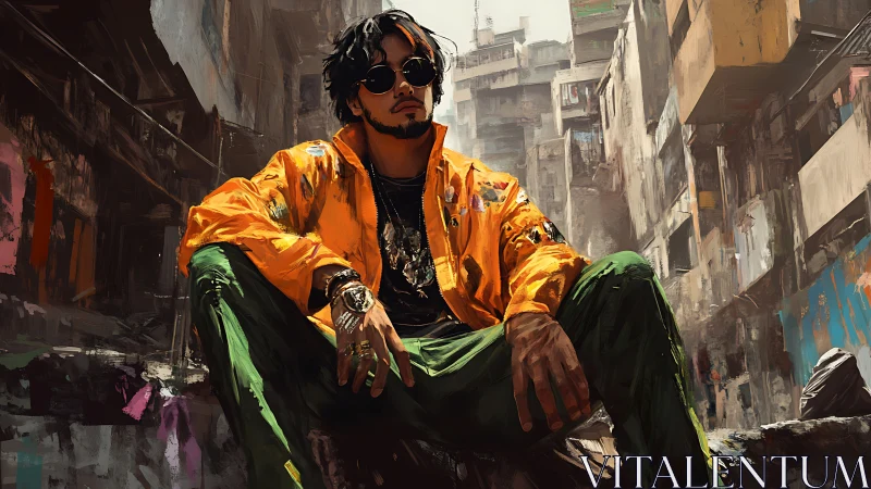 Street throne in neon threads amid crumbling concrete labyrinth.