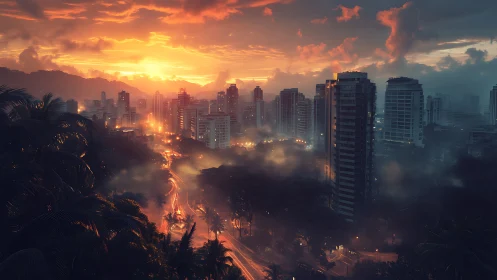 Foggy tropical city skyline at vibrant orange sunset.