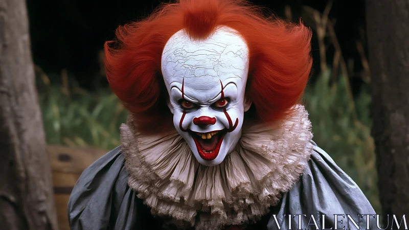 Terrifying red haired evil clown in ruffled costume.