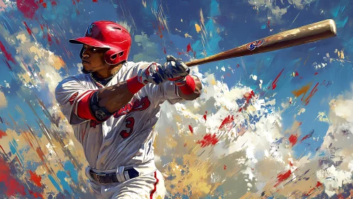 Baseball hitter in dynamic swing with abstract paint sky