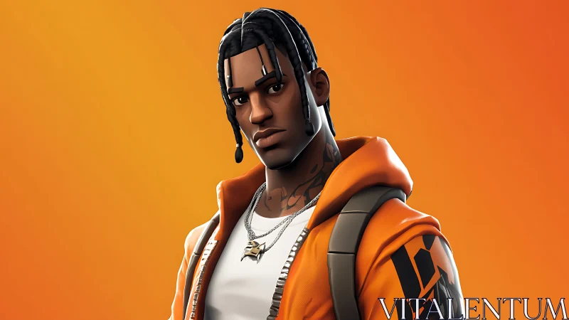 Stylized 3D urban avatar rendered against vivid orange gradient