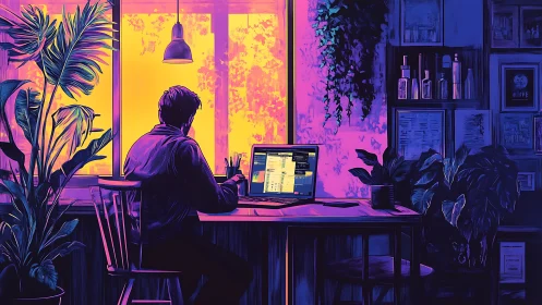 Person works on laptop in neon lit home office interior