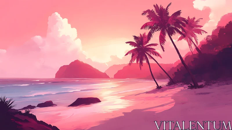 Tropical Sunset Beach Landscape. Pink Gradient Sky Dominates Serene Seascape.