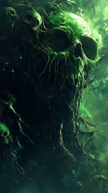 Colossal necrotic skull emerges from luminous toxic mist