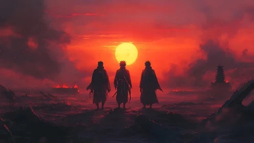 Three cloaked figures walk toward a low sun over scorched ground