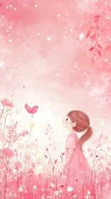 Pastel pink girl in wildflower meadow with songbird illustration.