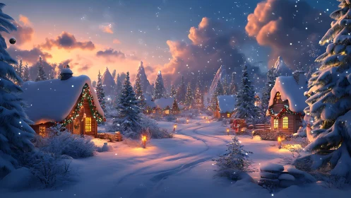 Snowy Christmas village glows under a pastel winter sunset.