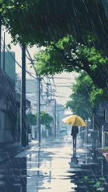 Solitary figure with yellow umbrella on rainy city street.
