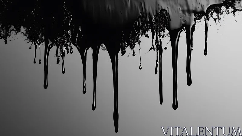 Black liquid drips downward in elongated vertical streams