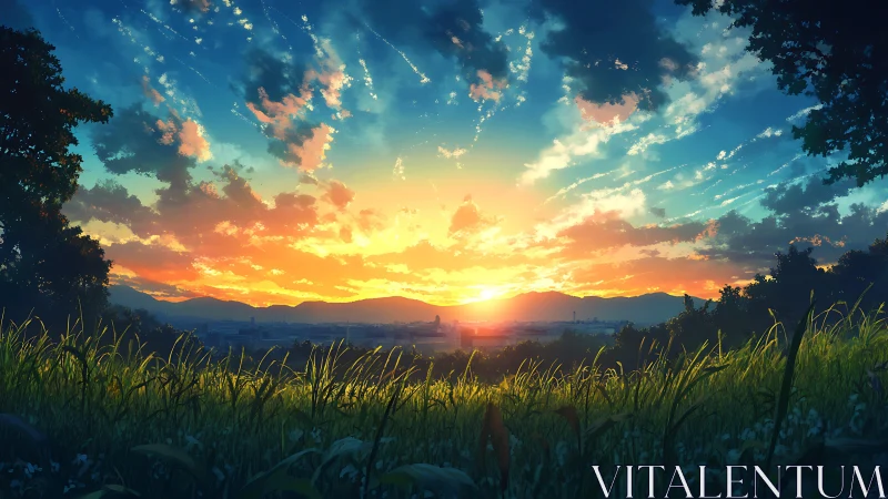 High-saturation anime sunset over city framed by silhouetted meadow