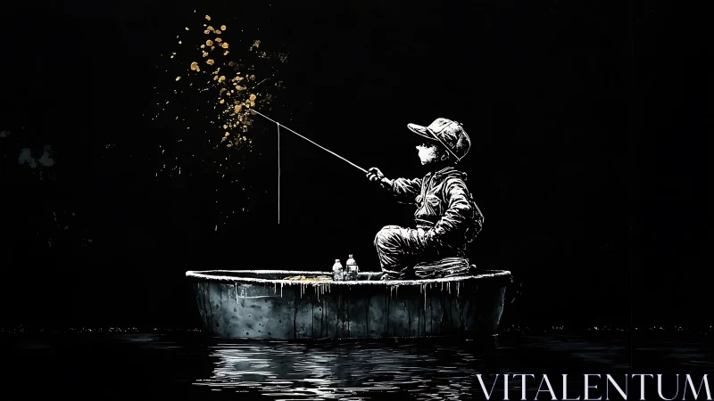 Monochrome child angler in spotlighted urban nightscape composition.